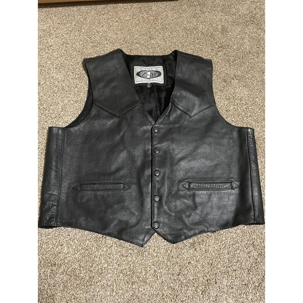 Z1R Mens Black Leather Motorcycle Vest Biker Western Snap Front Size 50